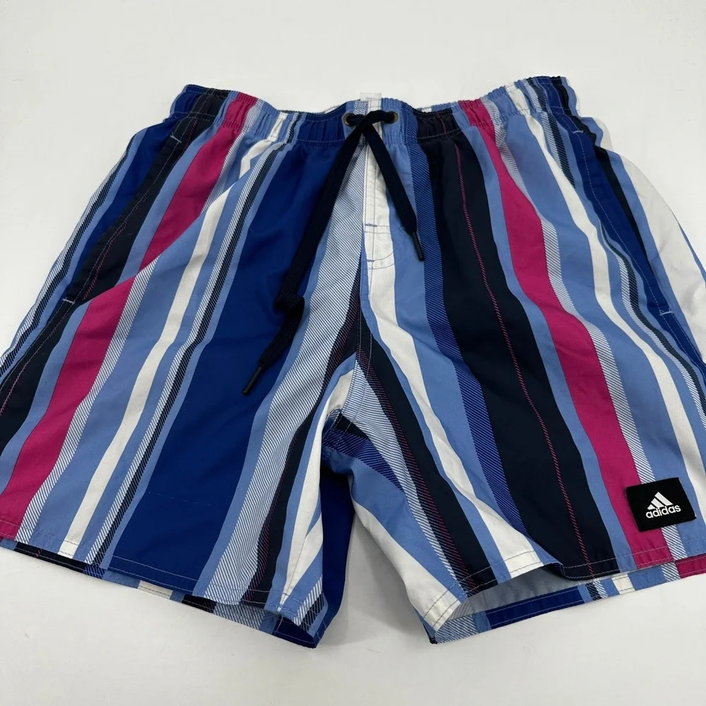 Adidas Mens Swim Trunks XS Blue‎ Pink Striped Mesh Lined Drawstring Shorts Surf